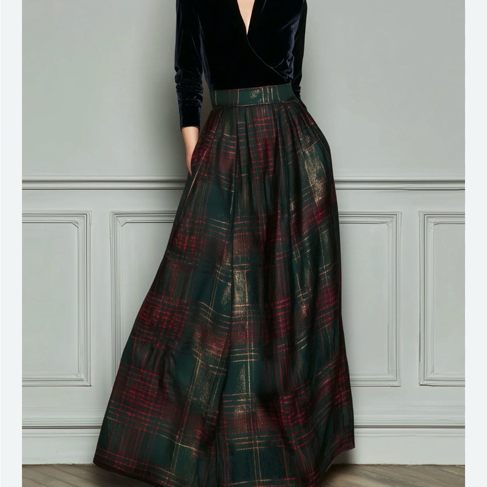Futario High Waist Velvet Evening Gown W/Full Skirt( L) Black At Top/Plaid Skirt